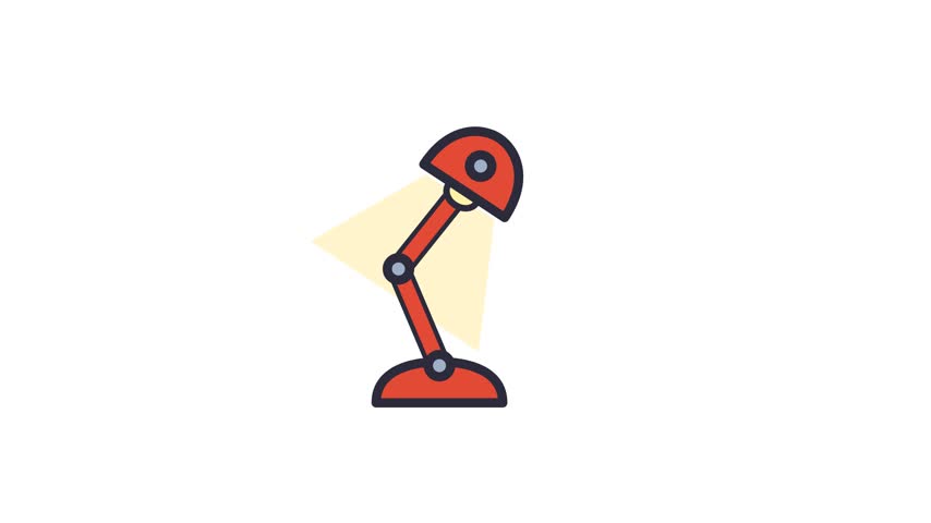 A minimalist flat-style animation of a red desk lamp shining a warm beam of light. This vector illustration depicts a classic adjustable table lamp, perfect for educational content, home office scenes, and creative workspace backgrounds. The clean design and vibrant colors make it ideal for motion graphics projects focusing on learning, late-night studying, architectural drafting, or professional office environments.