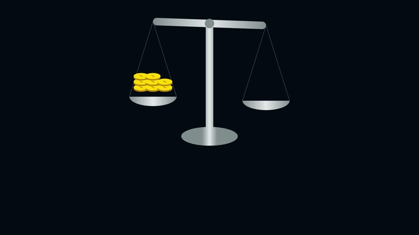 Minimalist vector animation of gold coins weighing down a silver balance scale on black.