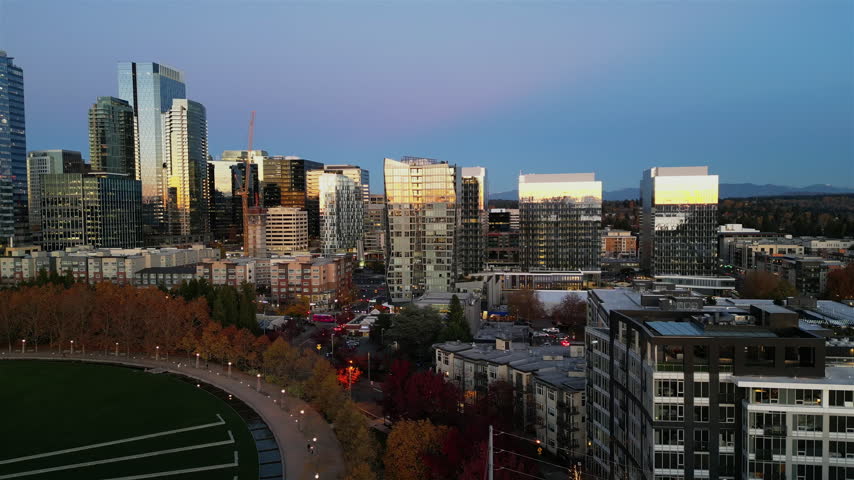 Nighttime Aerial View of Downtown Bellevue, Washington