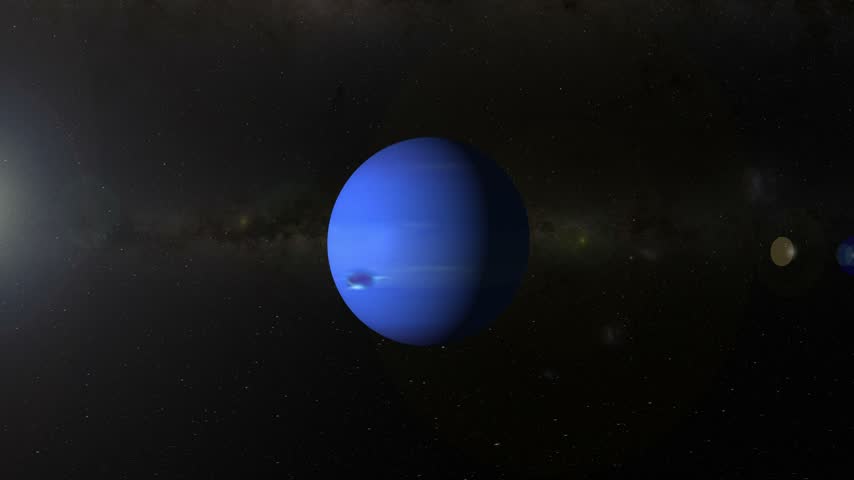 Realistic 3d model of neptune planet spinning in deep space. Glowing blue atmosphere with storms and stars background.