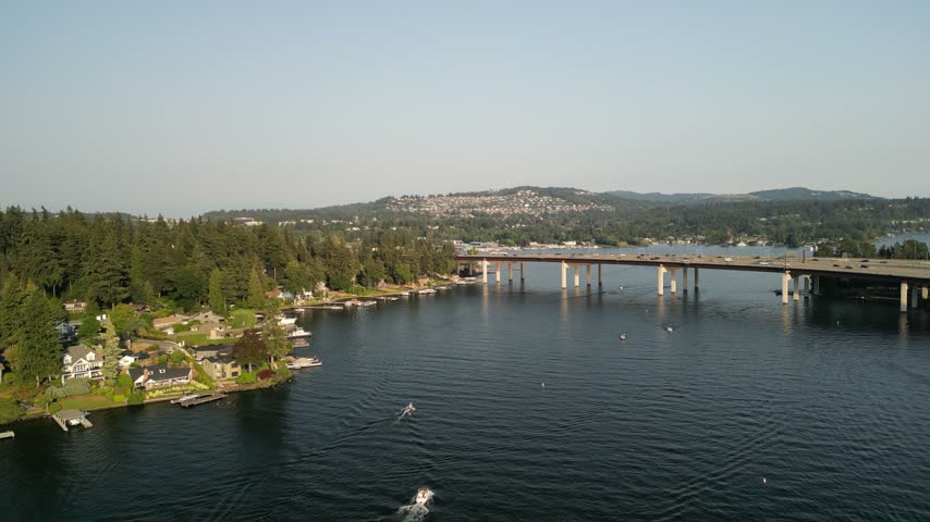 Drone Aerial View of Lake Washington and Interstate 90 Floating Bridge at Sunset