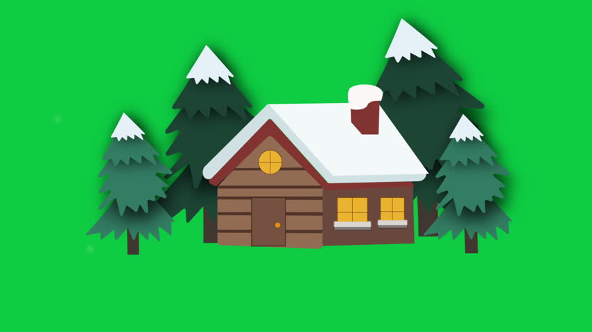 Animated wooden cabin covered in snow with glowing windows, surrounded by pine trees during a gentle snowfall on a green screen background.