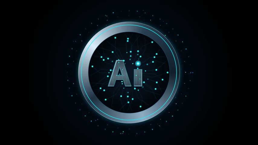 Glowing Ai logo inside metallic ring with digital particles on black.