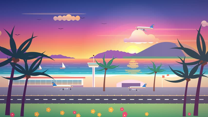 Tropical Airport Sunset Over Ocean with Palm Trees and Airplanes