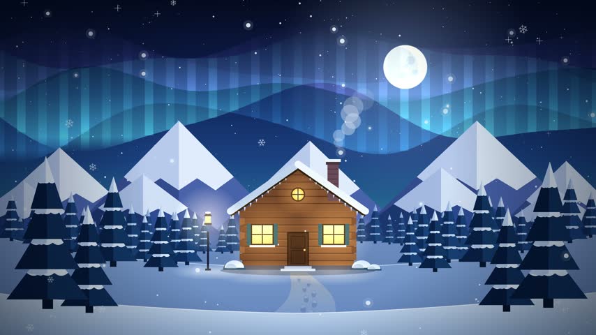 Cozy wooden cabin in snowy winter forest with northern lights and full moon flat vector illustration