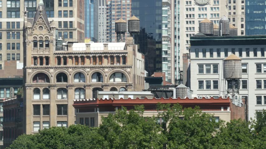 New York City Manhattan Midtown Union square on Broadway street, United States of America. Old historic building urban architecture. Water towers tanks on roof. Real estate property. Cityscape skyline