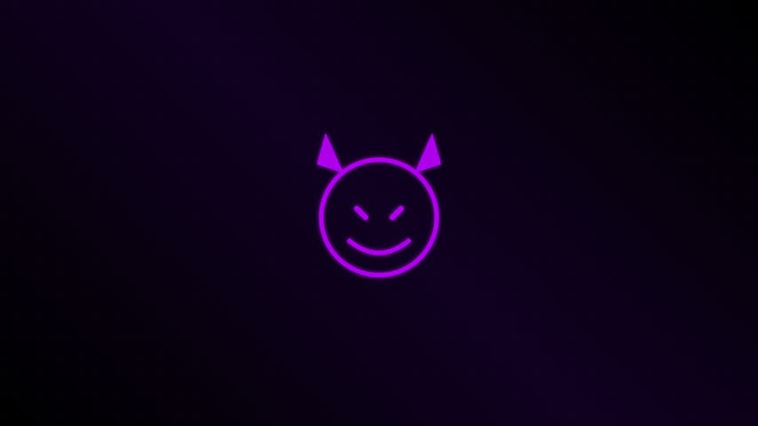 A vibrant violet glowing neon devil face icon shines brightly against a solid dark background. This minimalist graphic symbol features simple line art with sharp horns and a mischievous smirk. The smooth illumination creates an ominous yet playful digital atmosphere perfect for modern creative projects requiring edgy abstract artistic elements or themes.
