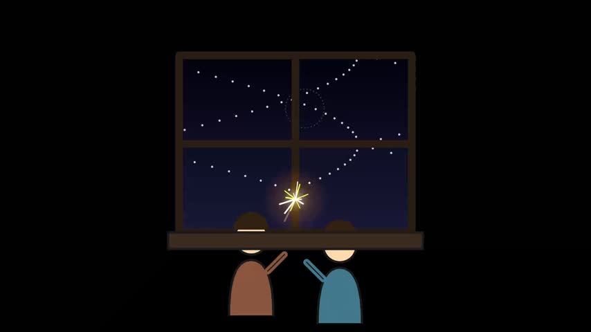 Two friends watching a shining star from an indoor window