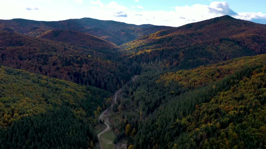 Aerial view of a forested mountain valley in autumn, with winding dirt roads through dense trees displaying green, yellow, orange, and brown foliage under a partly cloudy sky.
