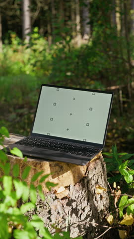 Vertical shot of laptop with blank mockup screen and tracking markers resting on tree stump in forest. Footage can be used for eco tech marketing or remote work advertising
