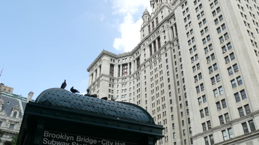 New York City Downtown Civic Center, United States of America. Manhattan municipal building 1914, old historic architecture. Government administration authority. Low angle view from Chambers street.