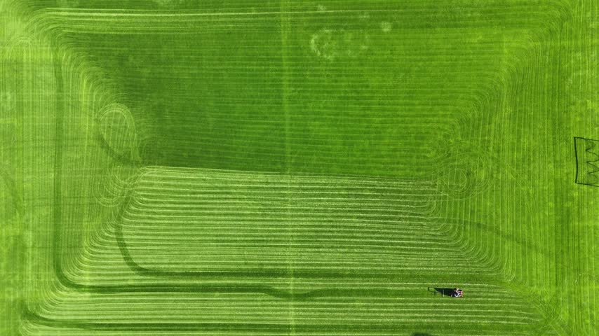 Aerial view of a person operating a lawnmower on a vibrant green lawn creating precise patterns in Hamburg, Germany.