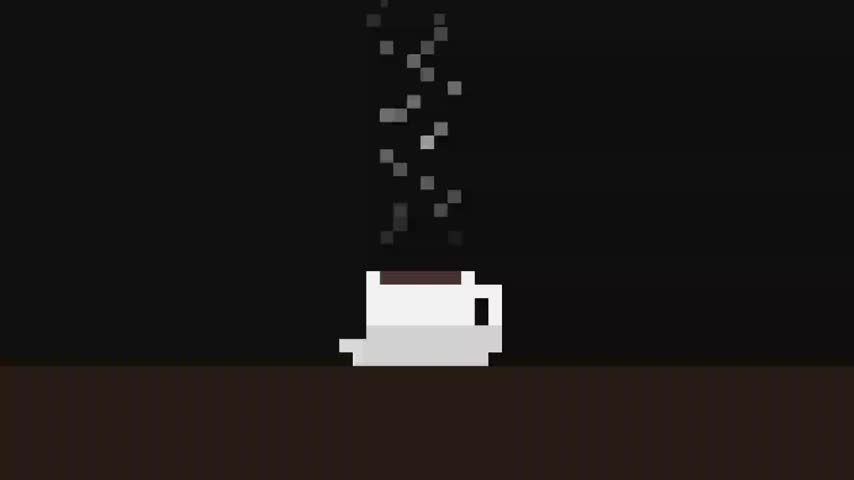A pixelated illustration of a white coffee cup with rising steam, suitable for backgrounds or website design.