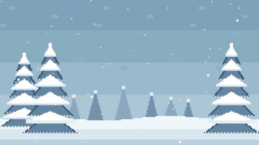 Nostalgic 16-bit retro pixel art winter landscape animation with snow-covered pine trees, distant foggy evergreen silhouettes, and gentle falling snow.