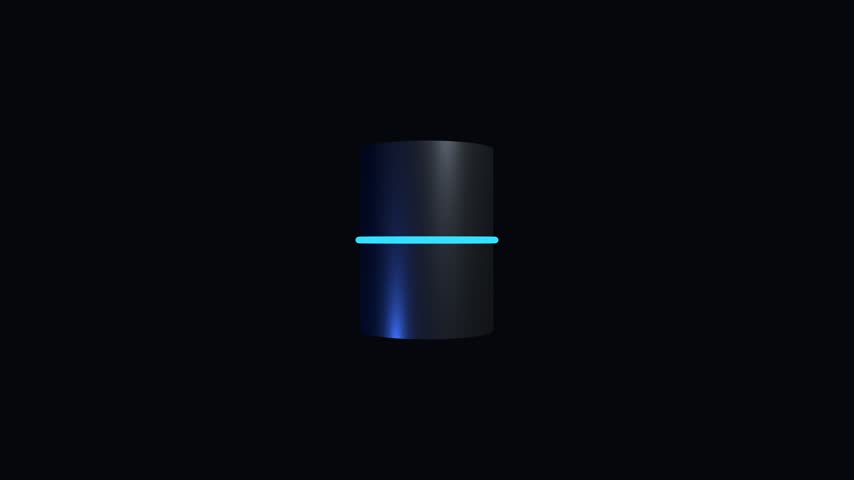 Sleek dark metallic cylinder rotating on a pitch black background while a luminous light ring scans vertically.