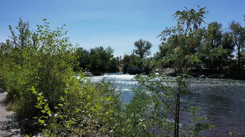 Low aerial drone shot over the Boise River toward whitewater rapids and green trees on a sunny afternoon in Idaho.