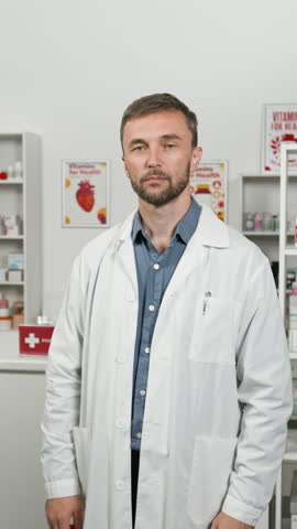 Vertical portrait of Caucasian middle aged male pharmacist crossing arms in drugstore. Footage suitable for pharmaceutical advertising and medical social media campaigns