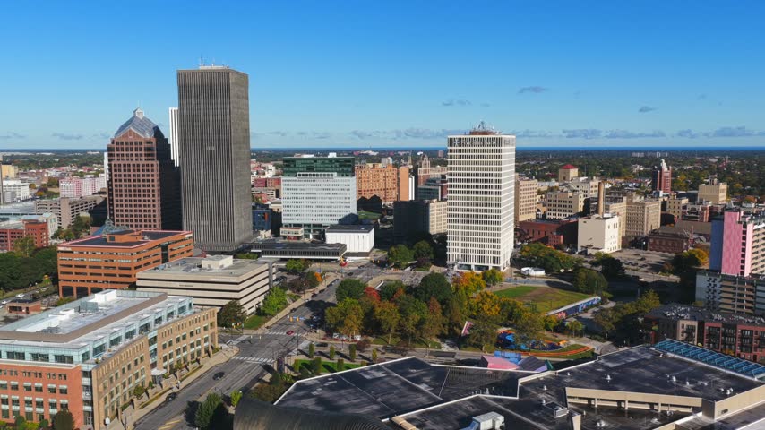 Rochester, New York, long aerial panorama.