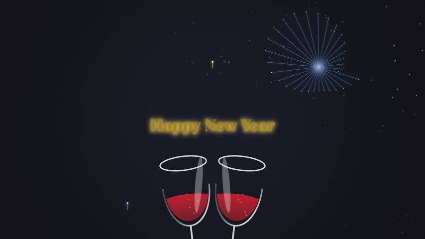 New Year celebration with wine glasses clinking against a night sky background featuring bright fireworks for event