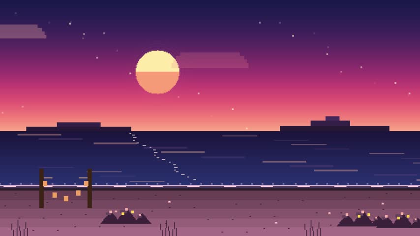 A repeating pixel art scene featuring a vibrant sunset over a calm ocean beach with silhouettes and a purple sky. Ideal for retro gaming backgrounds or synthwave aesthetics.