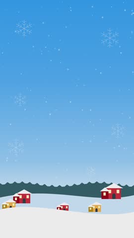 Flat vector winter landscape with houses and falling snowflakes for Christmas seasonal social media background banner