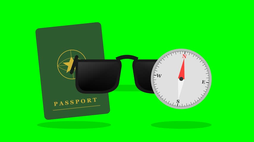 Travel passport animation with sunglasses and compass on green screen
