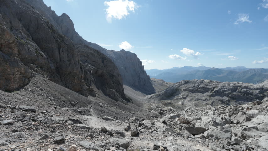 Breathtaking mountain landscape with limestone cliffs and alpine valleys under a blue sky in Spain 