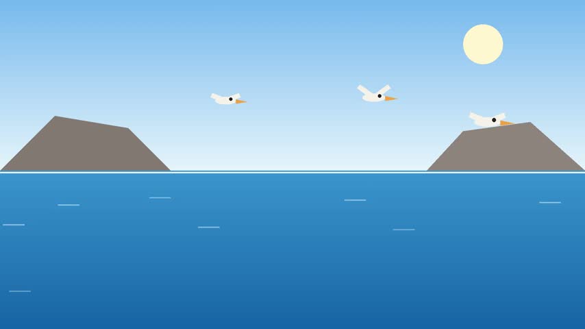 Pelicans diving into the sea with splashes, animated background