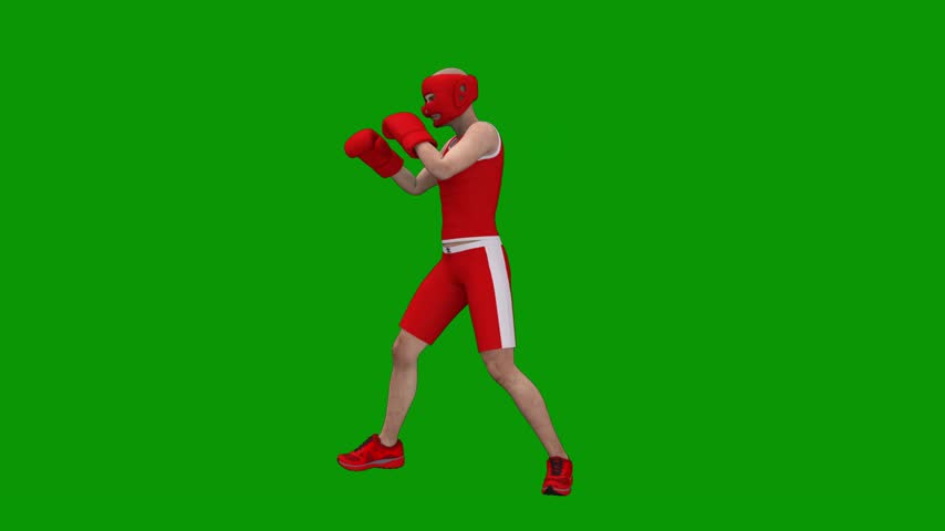 A boxer in red shorts and boxing gloves isolated on green screen background