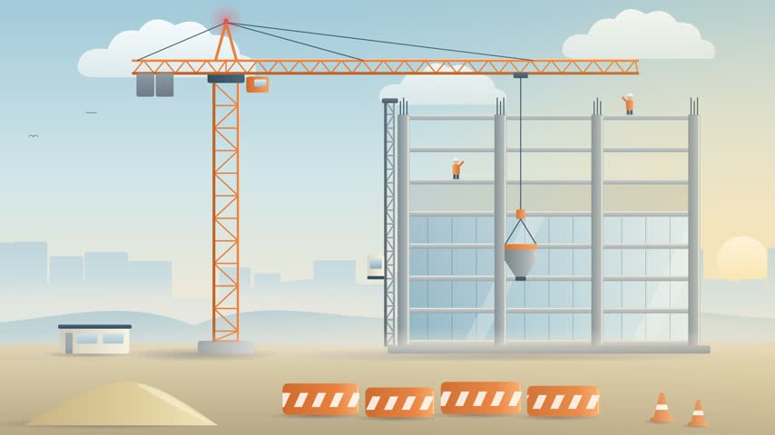 Flat vector illustration of a building construction site with crane