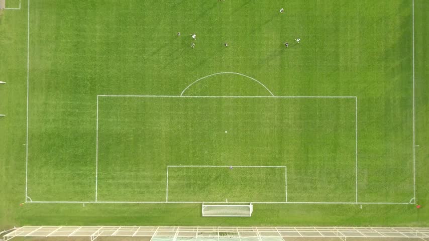 Aerial view of a soccer field with white markings and players on the green grass in Israel.