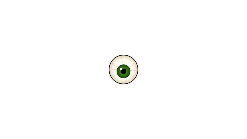 Single eyeball with green iris and black pupil on white background, cartoon eye illustration