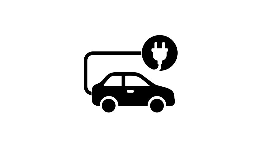 Black glyph electric car charging animated icon with power plug and cable. Eco friendly EV vehicle loop animation with alpha channel transparent background