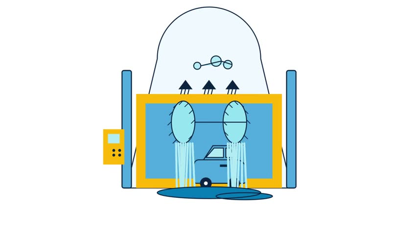 Animated Flat Vector Graphic of a Blue Car Driving Through an Automated Car Wash Facility with Rotating Brushes and Water Sprays on White Background