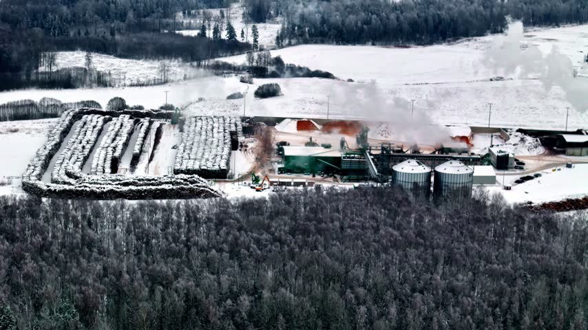Aerial view of a wood processing facility with log stacks, industrial silos, and steam rising in a snowy forest landscape in Latvia.