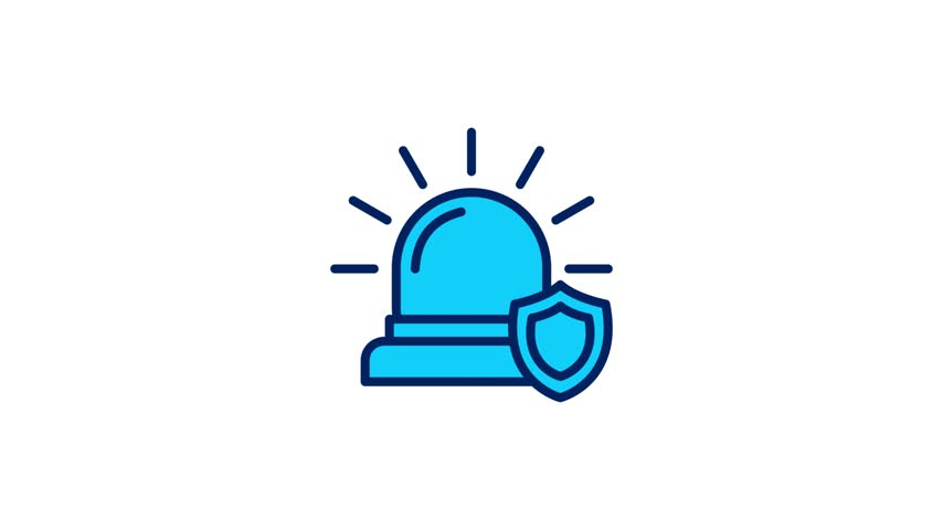 An animated blue siren with light rays and a security shield icon, appearing and zooming in repeatedly on a clean white background.