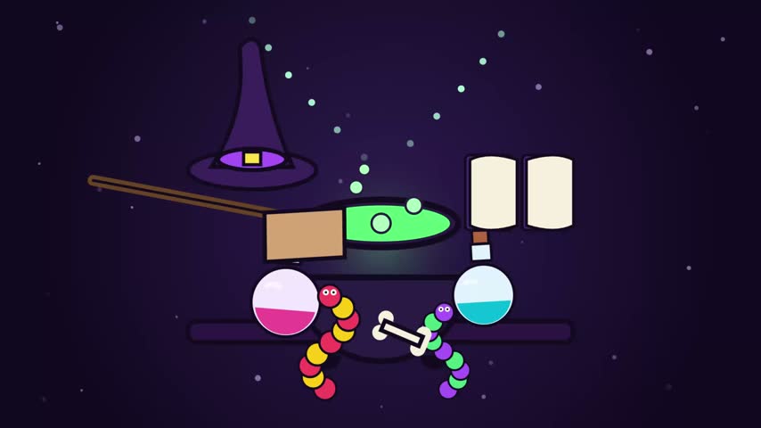 Animated Halloween Cauldron Boiling with Magic Potions and Crawling Colorful Cartoon Worms