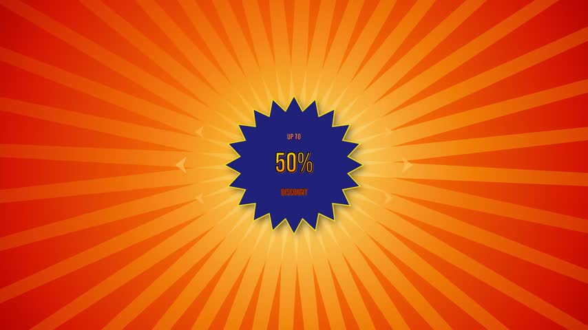 Orange Sunburst Background With A Blue Starburst Emblem Featuring A 50 Percent Discount Offer