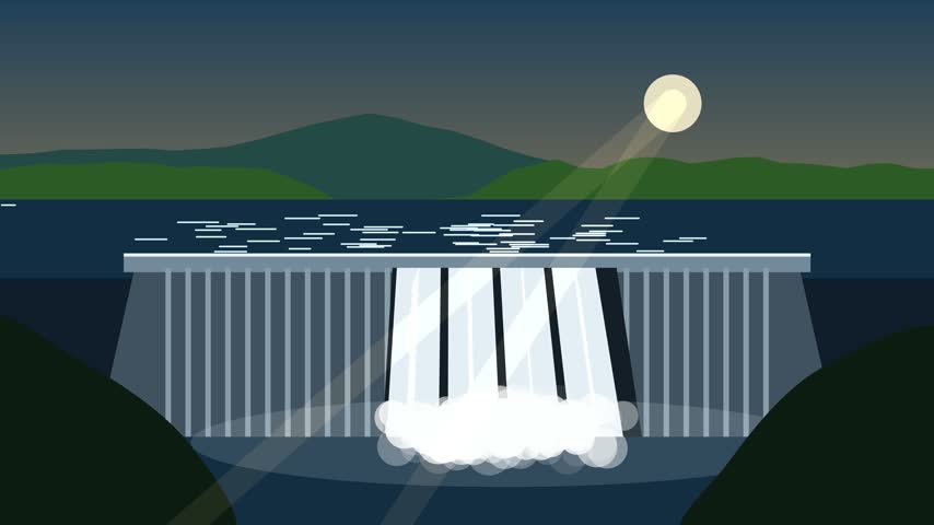 Animated hydroelectric dam at night with flowing water and moonlight reflection over reservoir landscape also transparent background