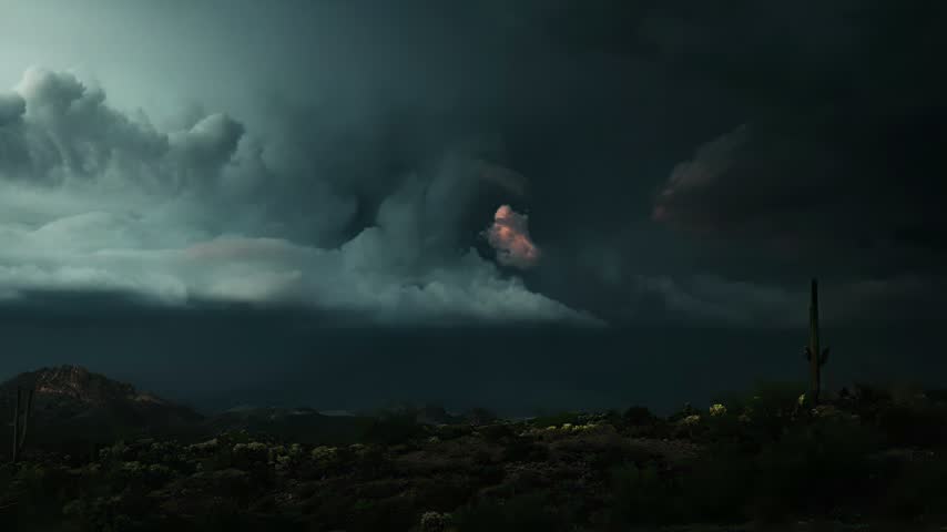 Stormy Desert Sky Over Arid Landscape With Cacti And Mountains
