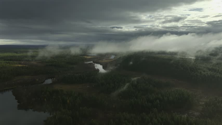Misty Forest River Landscape Under Dark Storm Clouds