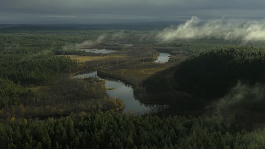 Misty Forest Landscape With Winding Rivers, Lakes, And Foggy Morning Atmosphere