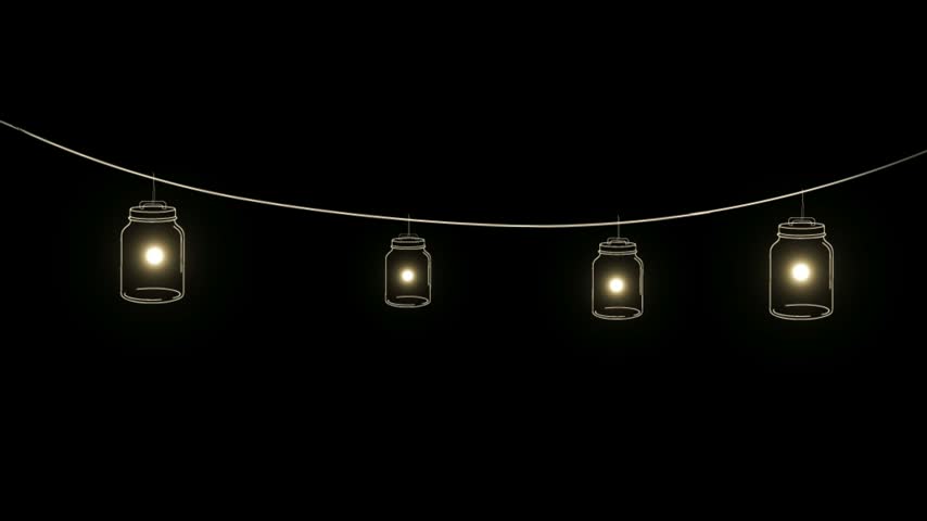 Hanging mason jar lights garland isolated on transparent background glowing warm string fairy light jar lanterns vector illustration graphic decoration