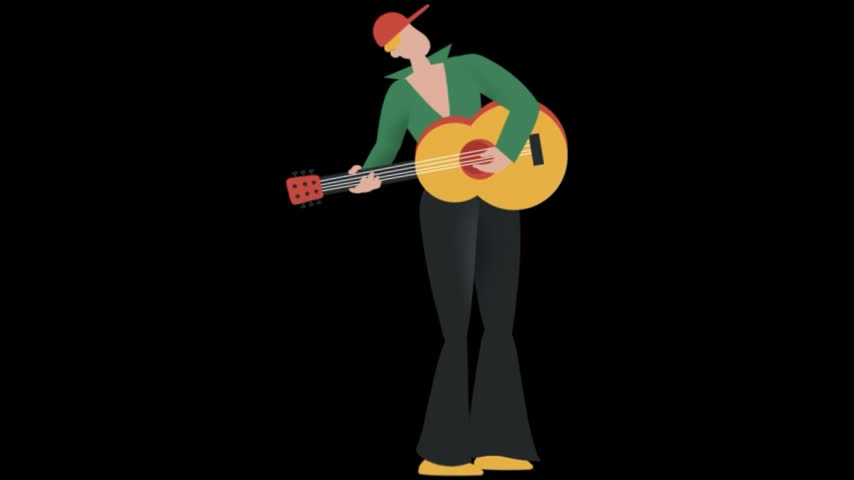 Musician playing acoustic guitar isolated on transparent background man with cap performing music cartoon flat vector character illustration design element