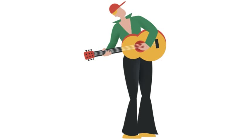 Musician playing acoustic guitar isolated on transparent background man with cap performing music cartoon flat vector character illustration design element