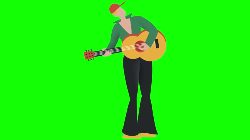 Musician playing acoustic guitar isolated on transparent background man with cap performing music cartoon flat vector character illustration design element