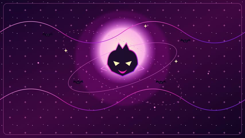 Cute smiling cat character floating in purple cosmic space surrounded by stars and flying bats