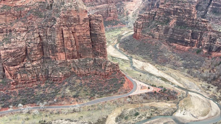 Zion national park aerial view of canyon road and river