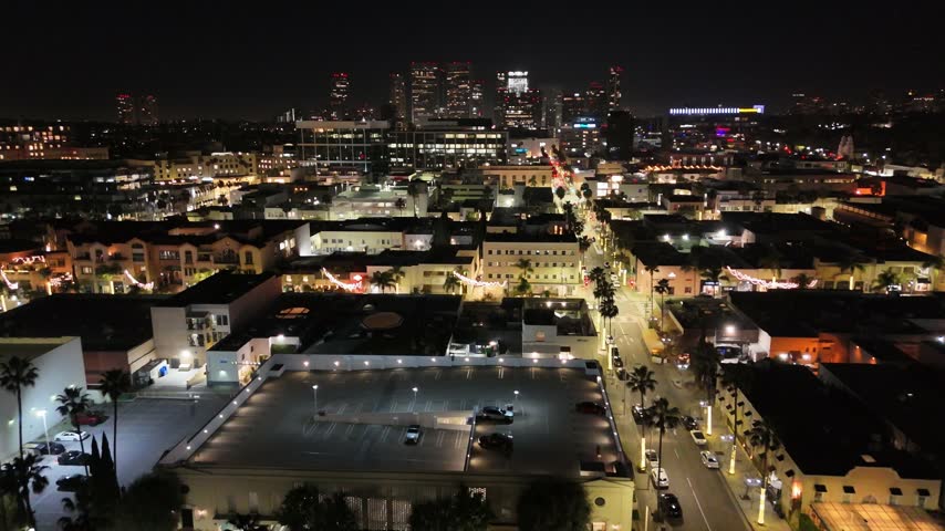 Aerial view of long beach downtown skyline at night