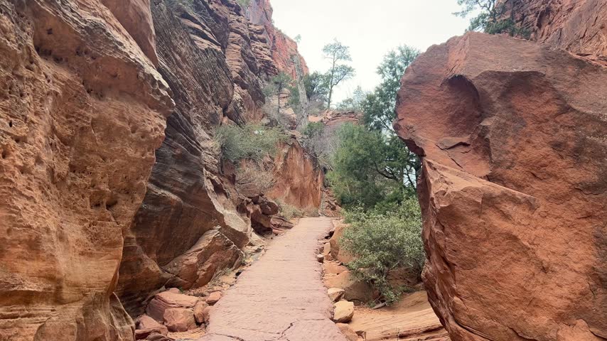 Hiking on a narrow canyon trail in zion national park